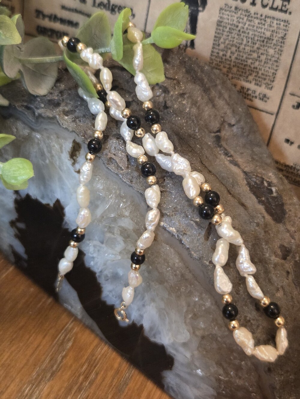 14K Yellow Gold Black Onyx & Pearl Necklace